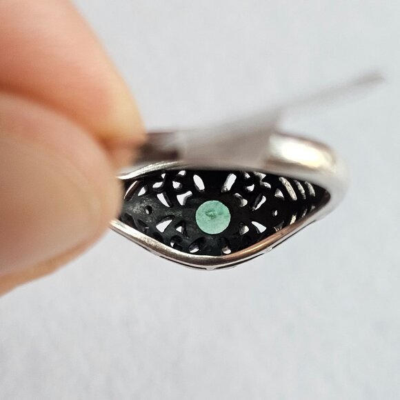 Antique-Style 925 Filigree Sz 7 Ring Emerald Green Stone Intricate Tiny Diamond - Picture 6 of 9